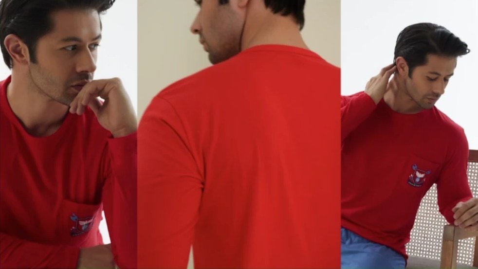Bluză de pijama roșie, purtată de trei modele