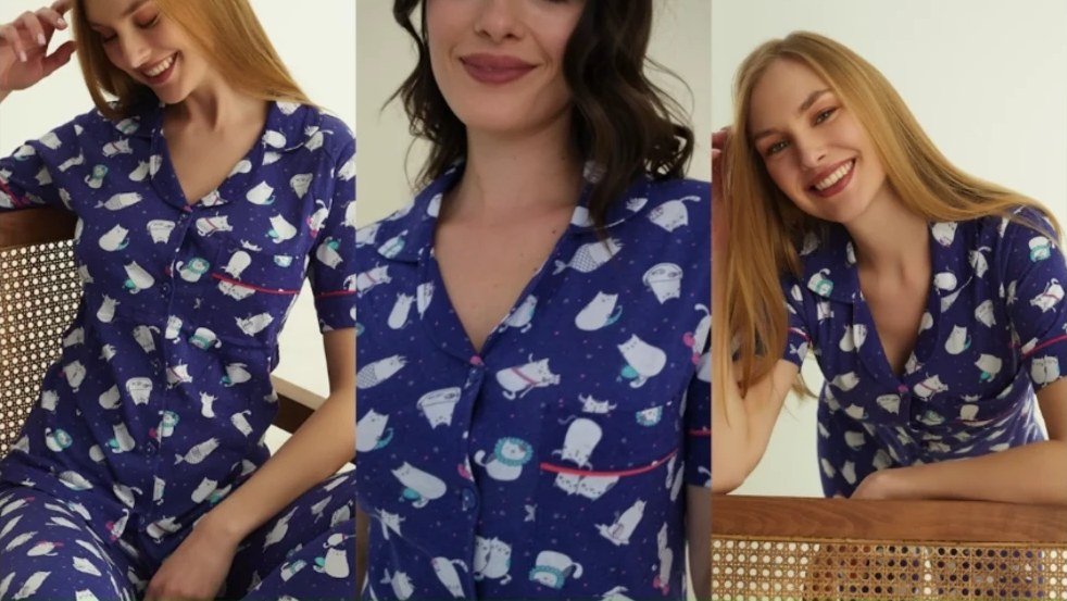 Pijama cu model imprimat, purtată de trei modele